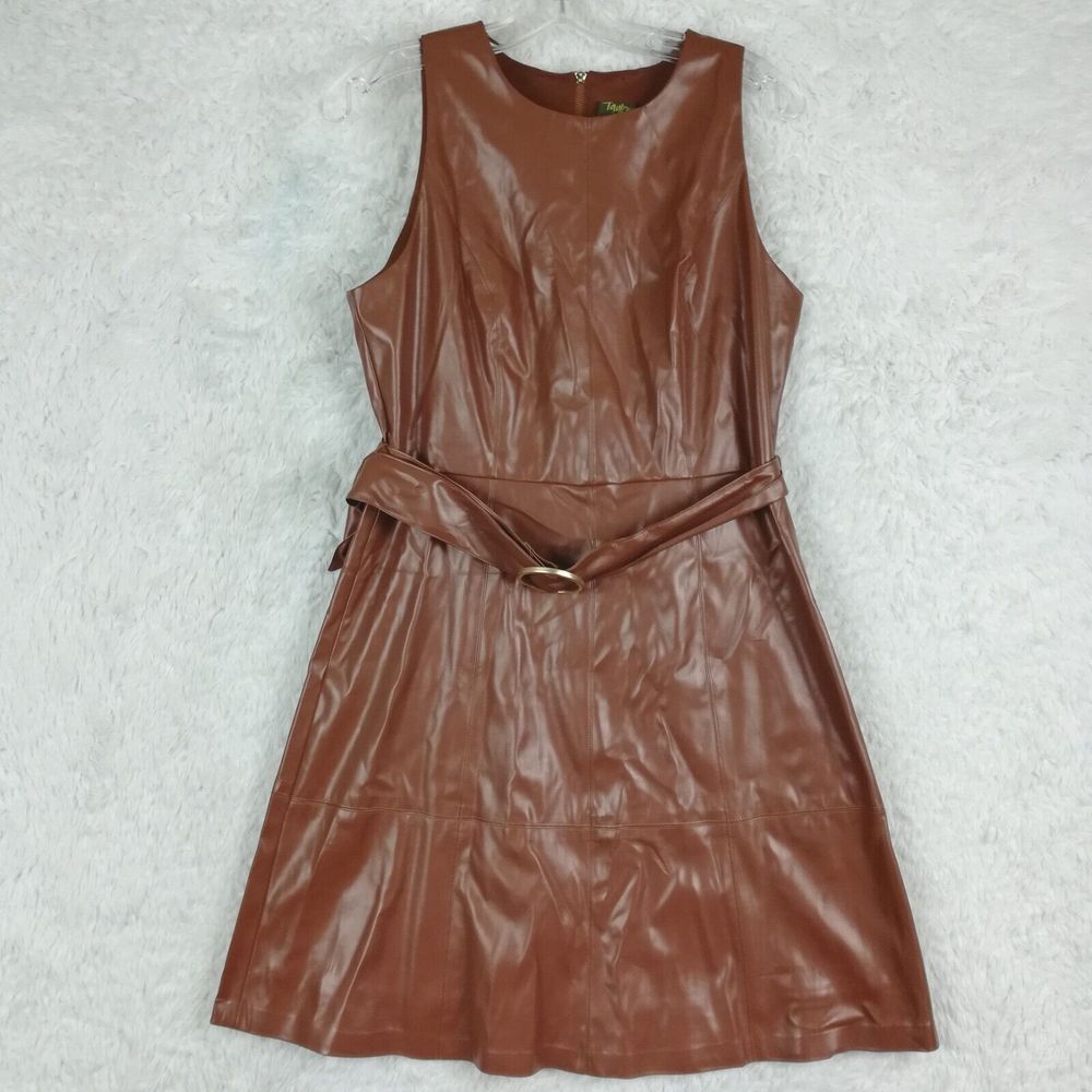 Taxlor Womens Dress Sheath Faux Leather Sleeveless Brown Belted Above Knee 10